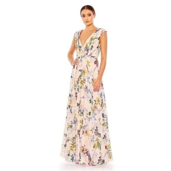 NEW MAC DUGGAL PLEATED FLORAL CAP SLEEVE‎ A LINE GOWN PINK FLORAL SZ 10 - Picture 1 of 9
